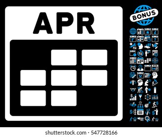 April Calendar Grid pictograph with bonus calendar and time management graphic icons. Vector illustration style is flat iconic symbols, blue and white, black background.