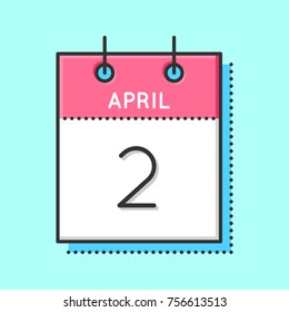 April Calendar Icon. Flat and thin line vector illustration. Spring calendar sheet on light blue background. April 2th. Books for Young day. Autism awareness day.