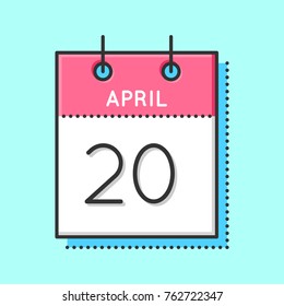 April Calendar Icon. Flat and thin line vector illustration. Spring calendar sheet on light blue background. April 20th. World secretary day