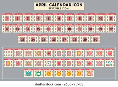 April calendar icon set representing days with varied symbols for personalized planning and