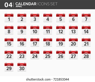April. Calendar icons set. Date and time. 2018 year.
