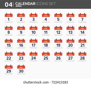 April. Calendar icons set. Date and time. 2018 year.
