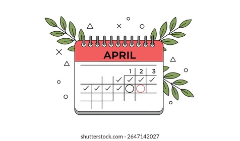 April Calendar Illustration with Green Branches and Checked Off Days for Planning