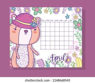april calendar information with squirrel and plants