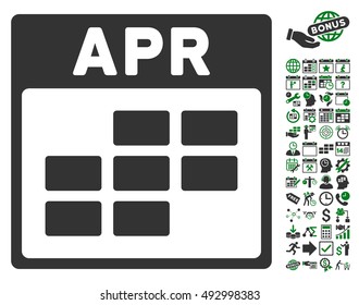April Calendar Page pictograph with bonus calendar and time management symbols. Vector illustration style is flat iconic bicolor symbols, green and gray colors, white background.