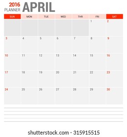 April Calendar Planner 2016 Vector Design Template. Week Starts Sunday. vector illustration