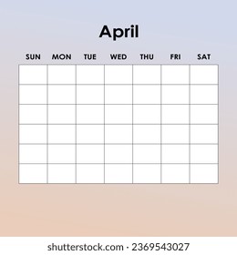 April. Calendar planner. Corporate week. Template layout, 12 months yearly, white background. Simple design for business brochure, flyer, print media, advertisement. Week starts from Monday.