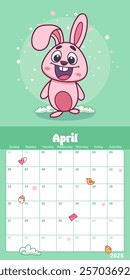 April calendar planner featuring a cute bunny standing on a cloudy platform in an easter spring theme. Vector illustration.