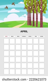 April Calendar Planner month. Minimalistic park hill landscape natural backgrounds Spring. Monthly template for diary business. Vector isolated