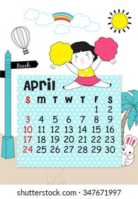 April Calendar template 2016 Cute Character illustration