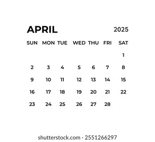 Modelo de calendário de abril para o ano de 2025. Calendário de parede em um estilo minimalista.