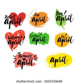 April calligraphic spring set with spot, heart on the background. Brush calligraphy, hand lettering. For calendar, schedule, diary, journal, postcard, label, sticker and decor.