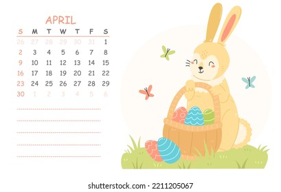 April children's calendar for 2023 with an illustration of a cute rabbit with Easter eggs in a basket. 2023 is the year of the rabbit. Vector spring Easter illustration of the calendar page.
