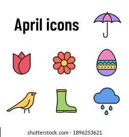 April color flat icons with stroke isolated on white background. Spring vector icons for web, mobile, app and ui design