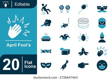 O ícone plano do Dia da Mentira de abril é definido com elementos de brincadeira, piada, surpresa, palhaço e diversão. Ícones modernos brincalhões perfeitos para comédias, eventos de humor e designs de celebração.