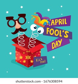 april fool day with box surprise and icons vector illustration design