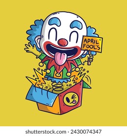 April fool day with clown box surprise cartoon vector illustration. Hand drawn vector illustration