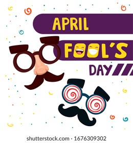 april fool day with crazy mask and icons vector illustration design