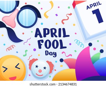 April fool day design with typography, clown hat, funny mask and calendar 1 April. Flat Illustration Design April Fool Day. Can be used for card, banner, poster, social media, postcard, web, etc