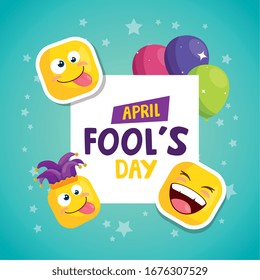 april fool day with emoticones and icons vector illustration design