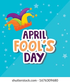 april fool day with hat jester and icons vector illustration design