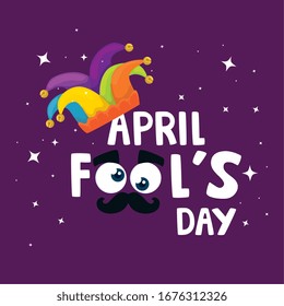 april fool day with hat jester and icons vector illustration design