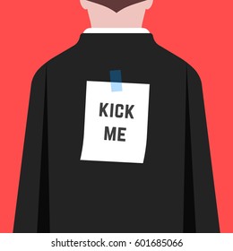 april fool day prank with man in suit. concept of party, offense, male, shirt, crazy jester, spoof, practical joke, victim, event. flat style trend modern graphic cartoon design on red background