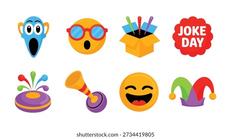 April fools celebration vector set with clown glasses, water prank, party horn, jester hat, laugh emoji, joke badge, carnival graphics