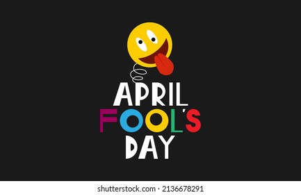 April fool's day. April 01. Silly face emoticon with tongue sticking out on black background. Poster or banner. Flat design vector illustration.