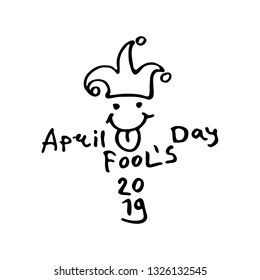 April Fools Day 2019. Cartoon style logo with a jester hat with cheerful face. Handwritten logo for fool's day. Vector template.