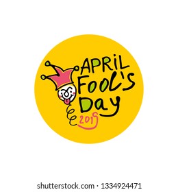 April Fools Day. 2019. Cartoon style graphics marker drawn logo on a round yellow sticker with a jester on a spring. Handwritten logo for fool's day. Vector template.