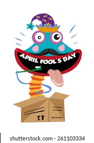 April Fool's Day or All Fool's Day text words as the Teeth Punchline of a Clown Toy Character Springing Up from a Box. A Surprising Trick Concept. Editable EPS10 vector illustration and large jpg. 