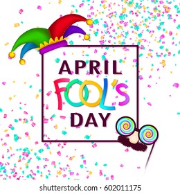 April Fool's Day background, square banner, paper text and confetti, isolated on white. Funny glasses and hat. Hand drawn elements, vector illustration.