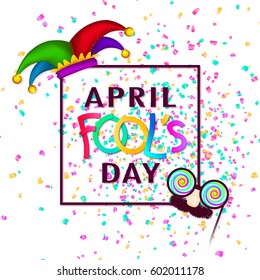 April Fool's Day background, square banner, paper text and confetti, isolated on white. Funny glasses and hat. Hand drawn elements, vector illustration.