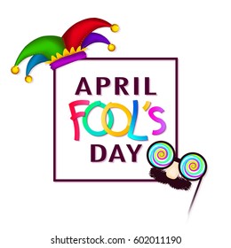 April Fool's Day background, square banner, paper text and confetti, isolated on white. Funny glasses and hat. Hand drawn elements, vector illustration.