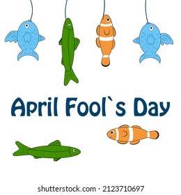 April Fool's Day. Banner. Fish swim in the blue sea.