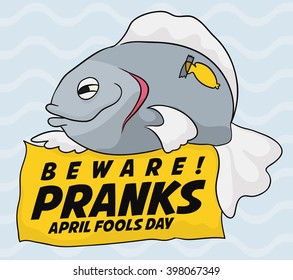 April Fools' Day beware poster with giant fish and a prank in its back.