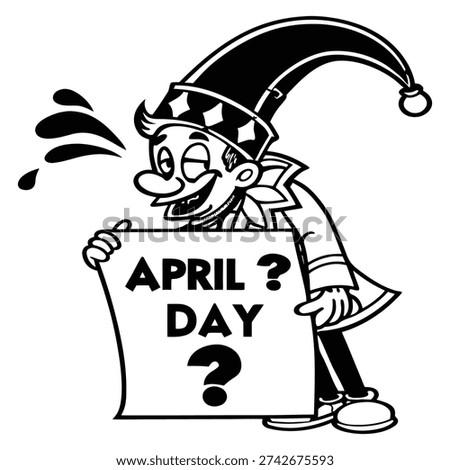 April fool's day Black and white cartoon jester holding april fool sign with question marks