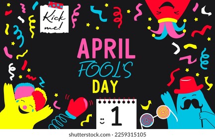 April fools day. Border with funny figures, clown hat, confetti and calendar 1 April. Ideal for card, banner, poster, social media, postcard, web. Vector