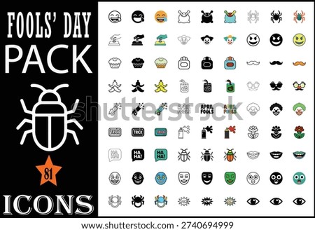 April Fools Day Bug Icon Pack, Colorful April Fools themed icon pack featuring funny bug characters, emojis, and playful symbols for holiday designs and digital projects.

