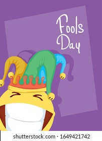 april fools day card with emoji crazy face and buffoon hat vector illustration design