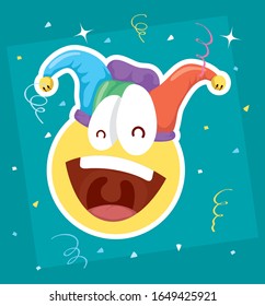 april fools day card with emoji crazy face and buffoon hat vector illustration design
