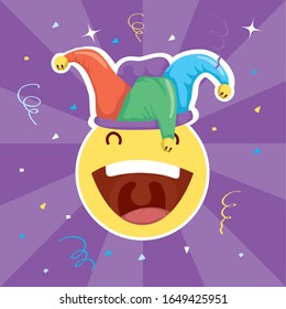 april fools day card with emoji crazy face and buffoon hat vector illustration design