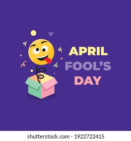 April fools day card with happy crazy emoji on purple background. colorful desing. vector illustration