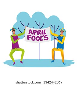 April fools day card with jester hat holding advertising in park vector image digital design