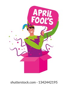 April fools day card jester inside box with confetti vector image digital design