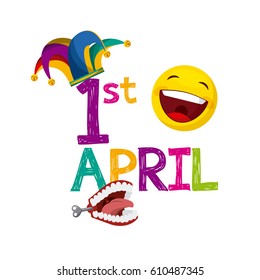 april fools day card with jester hat and happy emoji over white background. colorful desing. vector illustration