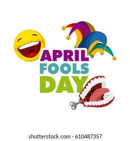 april fools day card with jester hat and happy emoji over white background. colorful desing. vector illustration