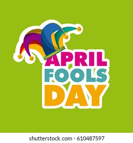 april fools day card with jester hat icon over yellow background. colorful desing. vector illustration
