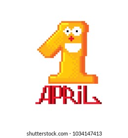 April Fool's Day card. Pixel art. Old school computer graphic style. 8 bit video game. game element.